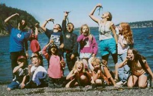Group of day campers doing the seaweed challenge on Lummi Island.