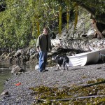 The author drying bullwhip kelp in trees on a dry, breezy afternoon.