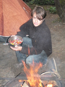 Lead instructor and french culinary chef, Charlie Borrowman, demonstrates a marinade for campfire roasted veggie skewers.